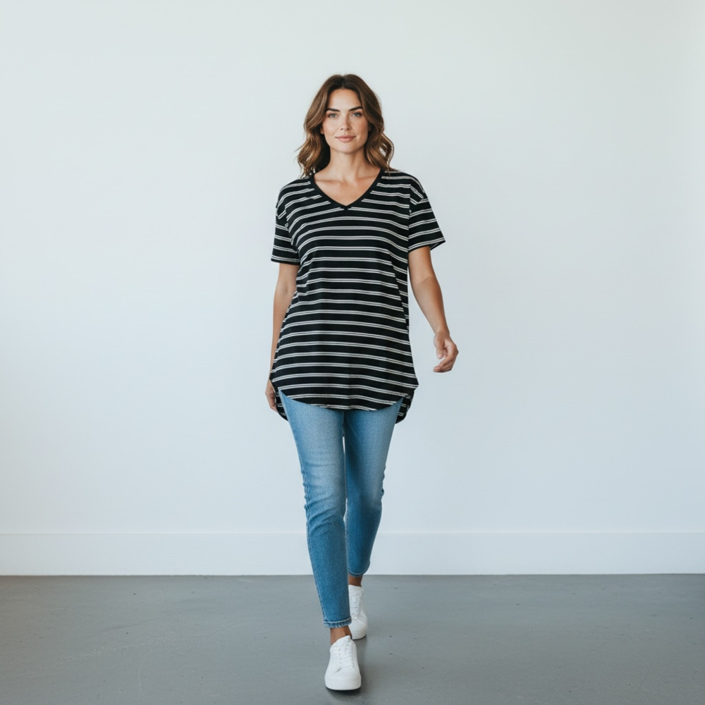 Time And Tru Striped V-Neck T-Shirt Size M (8-10) Black White Short Sleeve